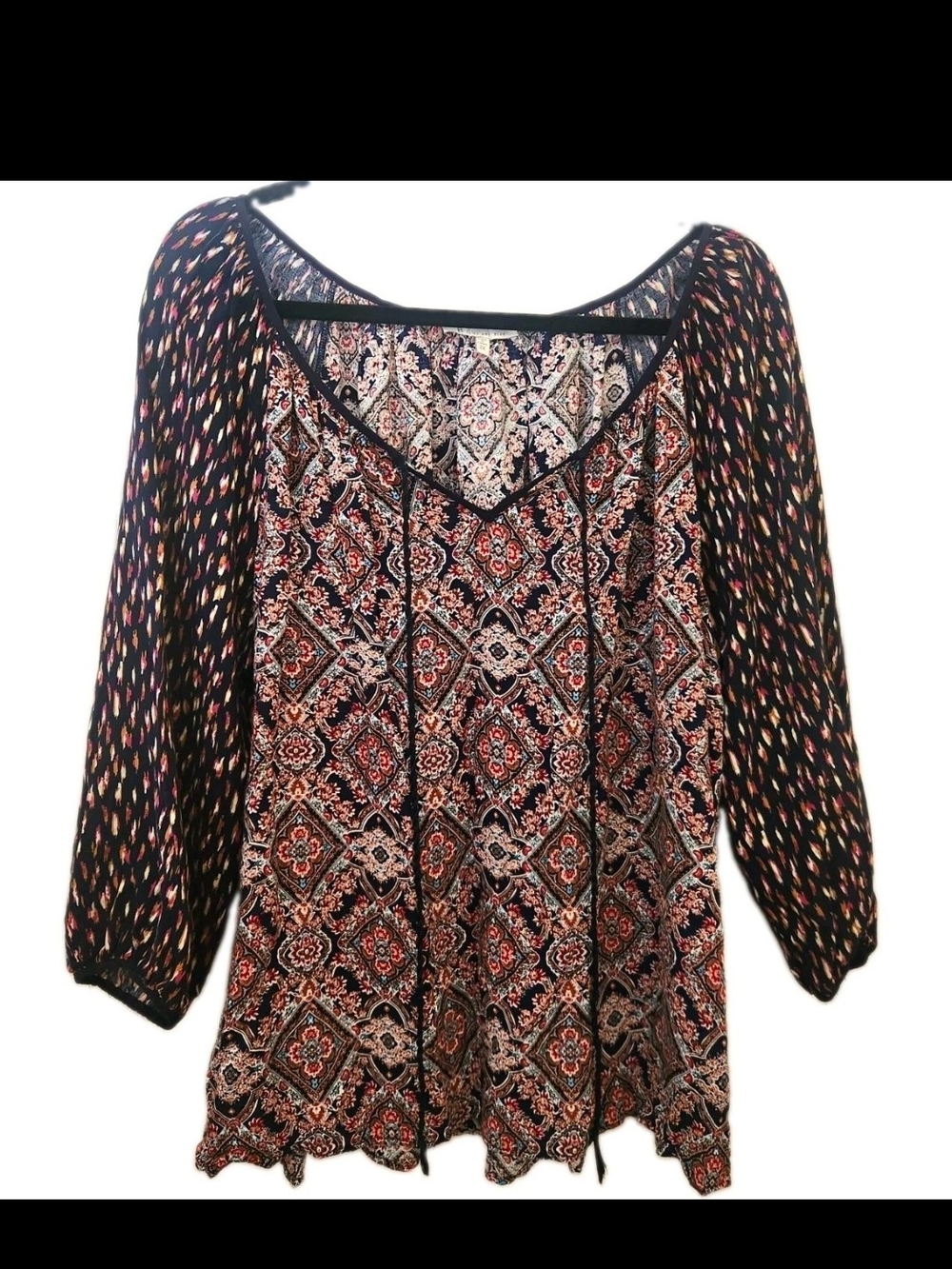 Skies Are Blue Plus Black and Rust Boho Floral Printed Peasant Tunic 2X